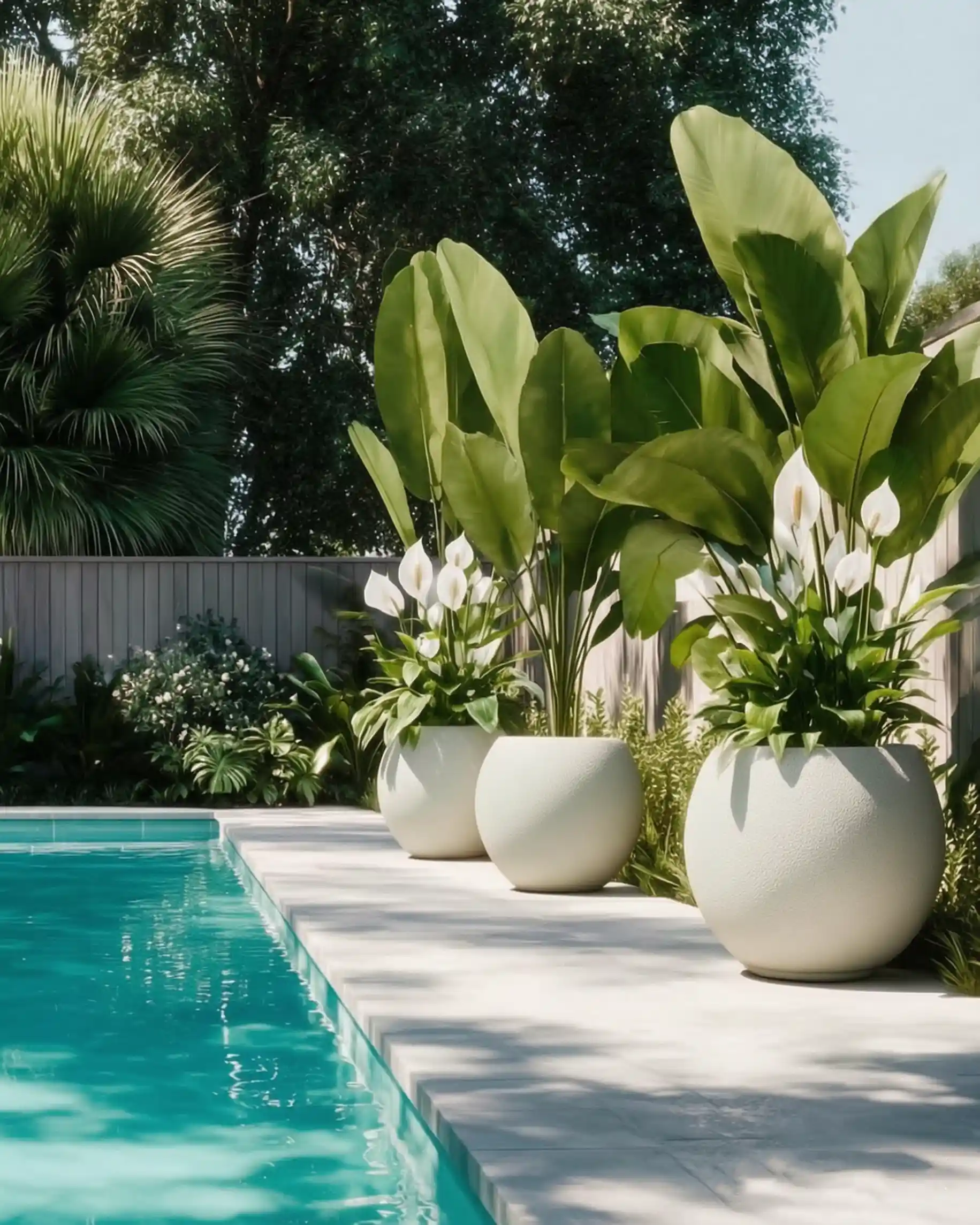 AI-edited poolside concept with white spherical planters and tropical plants